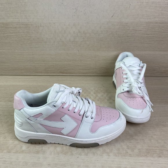 Off-White “OUT OF OFFICE” White/Pink Leather Low Top Lace Up Sneakers Mens 41